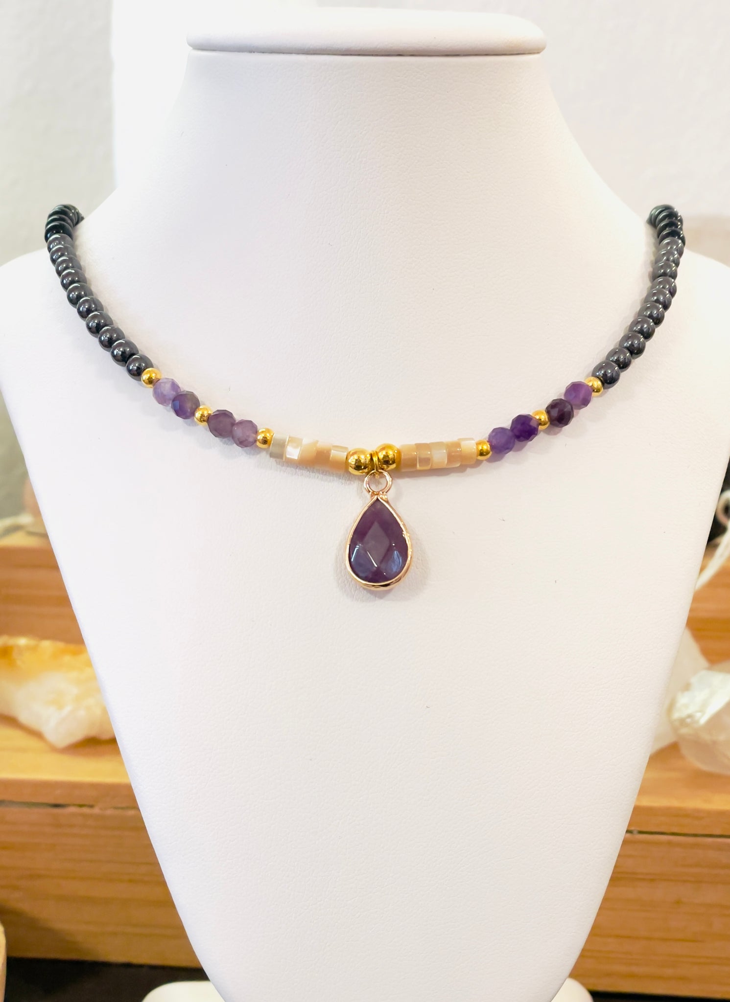 Crystal Necklace- Hematite- Black Obsidian- Amethyst