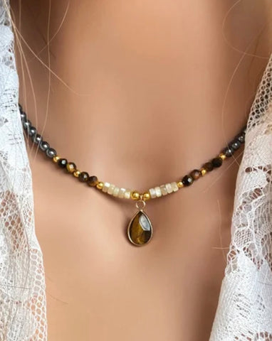 Crystal Necklace- Hematite- Black Obsidian- Tiger Eye